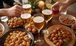 a table with different types of food and glasses of beer