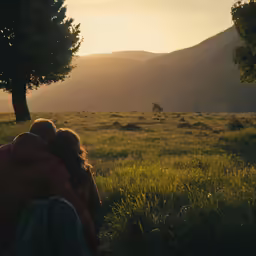 a couple of people sitting on top of a field next to trees