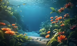 a photo of an underwater scene with flowers in the foreground