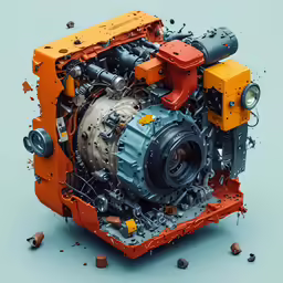 an engine on display surrounded by various objects