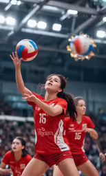 a couple of young women playing a game of volleyball