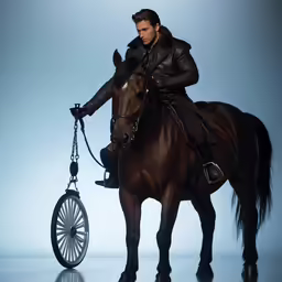 a man in black jacket riding a horse next to a wheel