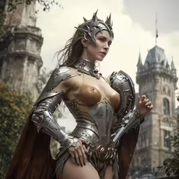 a woman in a costume posing in front of a castle