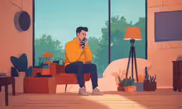 an animated video of a man sitting on his couch while holding a cell phone,a man sits in front of the big windows