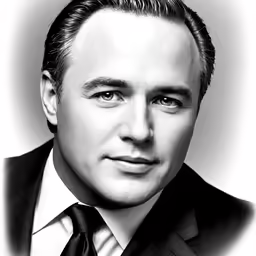 a man wearing a suit and tie is in black and white