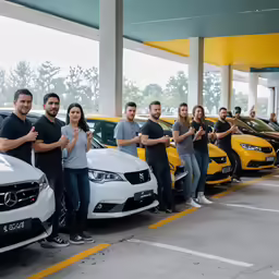 group of people standing around four white cars