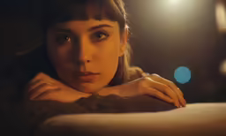 a woman sitting on a couch with a blue ball