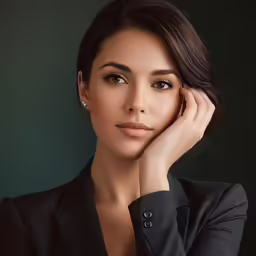 an image of woman posing for camera with her hand on her cheek