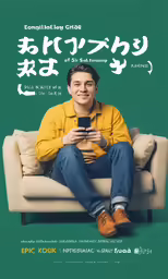 a man sits on a couch holding a cell phone