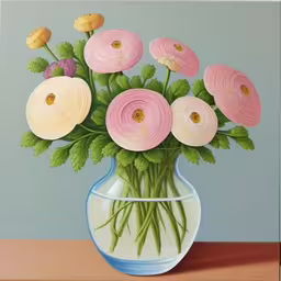 painting of pink and white flowers in a blue vase,a painting of a vase full of flowers,some roses in a white and blue vase,a painting of a vase full of white and pink flowers,a painting of pink and white flowers in a blue and white vase