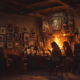 a living room with two people and a fire place