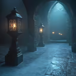 the light of the street lamps is shining in the fog