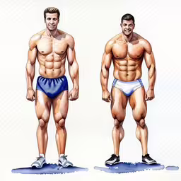 a drawing of two men in underwear with no shirts,two male bodybuilding competitors are shown with a pair of shoes on,two men in trunks are standing with no panties on,two men, one with no underwear, the other without,two male models, each without their pants