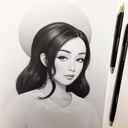 a woman with dark hair and long bangs wearing a hat