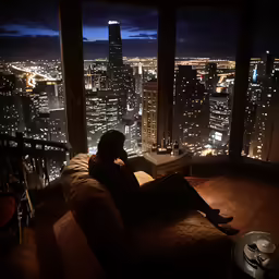 a woman is sitting in her bed looking out at the city