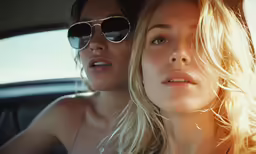 two blonde girls are sitting in the back seat of a car