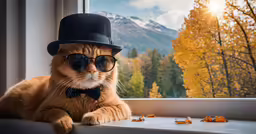 a ginger cat with glasses and a bow tie, sitting on a window sill near an autumn scene