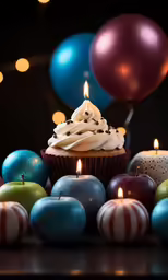 a cupcake sits in a pile of apples and candles