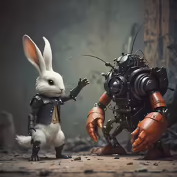 a rabbit is playing with an arm - in - a robot
