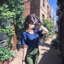 a girl walking down a city street next to a building