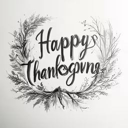 a drawing with the word happy thanksgiving written in black and white