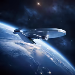a spaceship flies over a planet in the sky