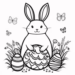 a coloring page that is a black and white image of an easter bunny with a basket of eggs
