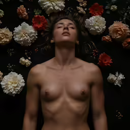 a woman that is naked standing in the flowers