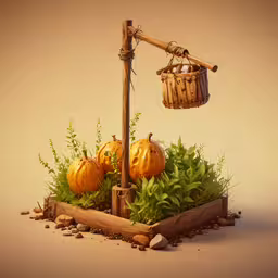 an artistic composition of pumpkins in a fruit crate,a wooden crate filled with green grass and orange pumpkins