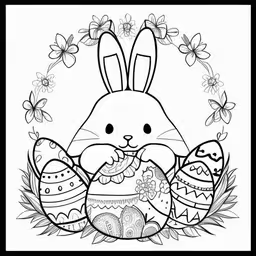 a coloring page with an easter bunny and decorated eggs