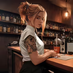 a girl wearing a white shirt looking at some alcohol