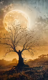 an artistic tree silhouette against a full moon and clouds