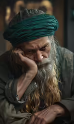 an old man in a turban looks at the camera