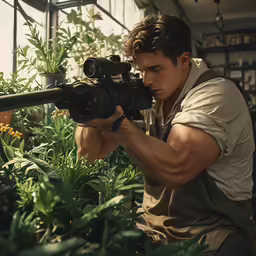a man squatting down to look through a scope
