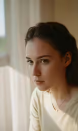 a woman with a ponytail staring into the camera