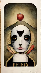 an altered photograph with a doll dressed in white with an apple on top