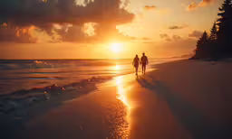 two people walking along the shore at sunset