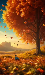 an illustration of a person sitting on a grassy field under a tree while the sun goes down,a boy that is sitting under a tree