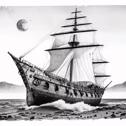 the old ship in the water with a full moon