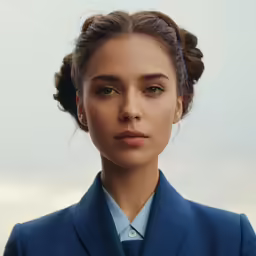 the woman is wearing a blue suit and a white blouse
