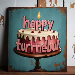 an image of a happy turnmebu birthday cake on wooden boards
