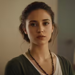 young woman posing in a bedroom wearing a green cardigan