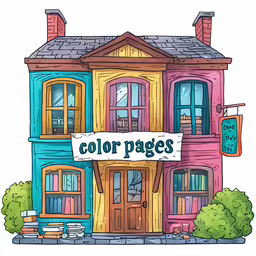 a colorful house with a banner that reads color pages
