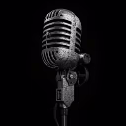 a microphone on a stand is pictured against a black background