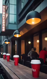 empty red cups on a table outside of a restaurant