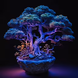a bonsai tree sitting in a lighted bowl