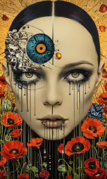 an image of a woman with flowers and leaves on it