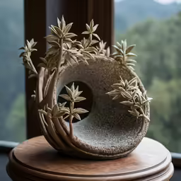 decorative plants and twigs sit on a circular stone sculpture