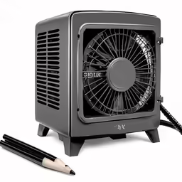 an electric air cooler and two pens sitting on a white surface