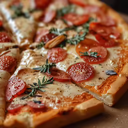 a personal pizza with pepperoni and sage sprigs